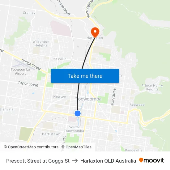 Prescott Street at Goggs St to Harlaxton QLD Australia map