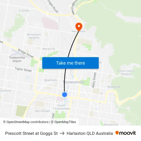 Prescott Street at Goggs St to Harlaxton QLD Australia map