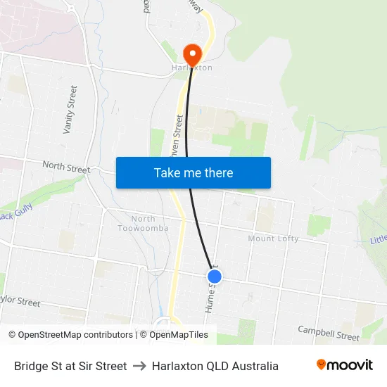 Bridge St at Sir Street to Harlaxton QLD Australia map