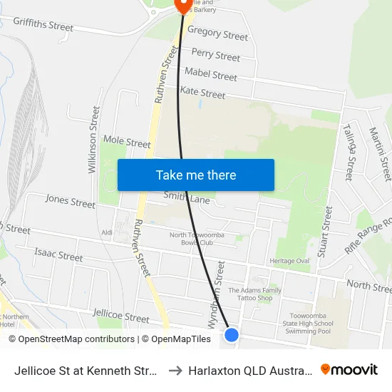 Jellicoe St at Kenneth Street to Harlaxton QLD Australia map