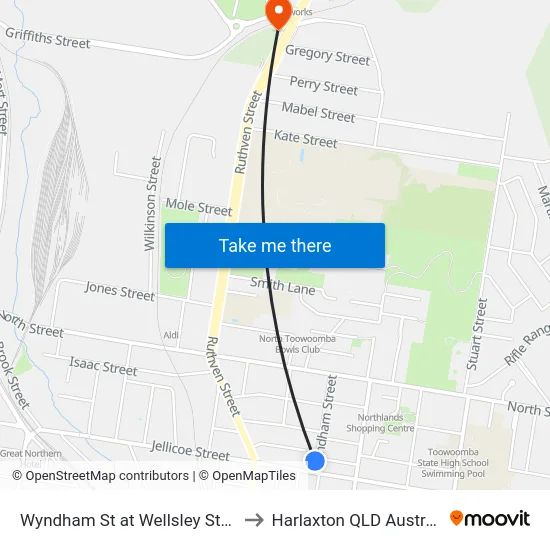 Wyndham St at Wellsley Street to Harlaxton QLD Australia map