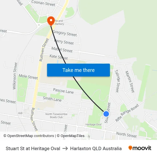 Stuart St at Heritage Oval to Harlaxton QLD Australia map