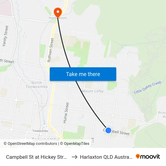 Campbell St at Hickey Street to Harlaxton QLD Australia map