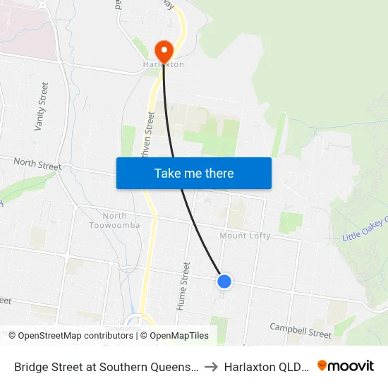 Bridge Street at Southern Queensland Tafe College to Harlaxton QLD Australia map