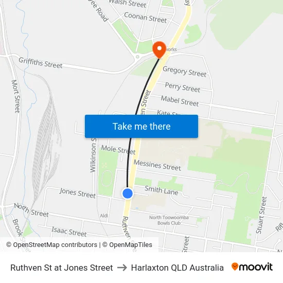 Ruthven St at Jones Street to Harlaxton QLD Australia map