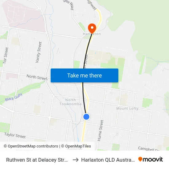 Ruthven St at Delacey Street to Harlaxton QLD Australia map