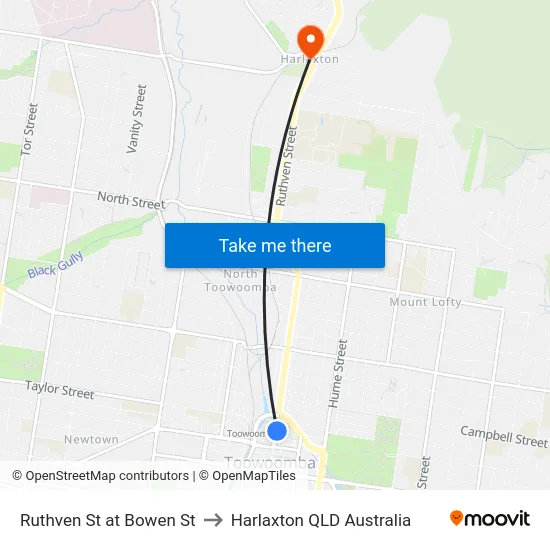 Ruthven St at Bowen St to Harlaxton QLD Australia map