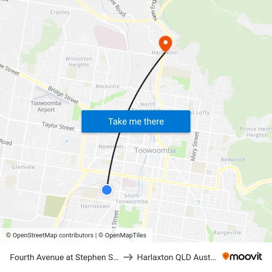Fourth Avenue at Stephen Street to Harlaxton QLD Australia map