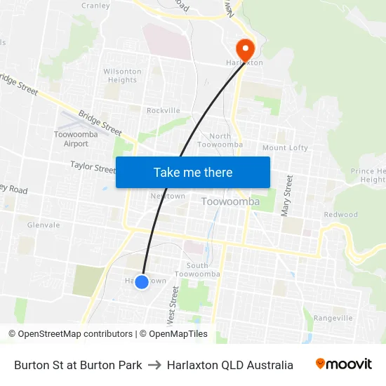 Burton St at Burton Park to Harlaxton QLD Australia map