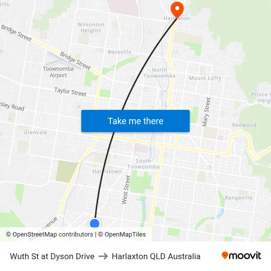 Wuth St at Dyson Drive to Harlaxton QLD Australia map