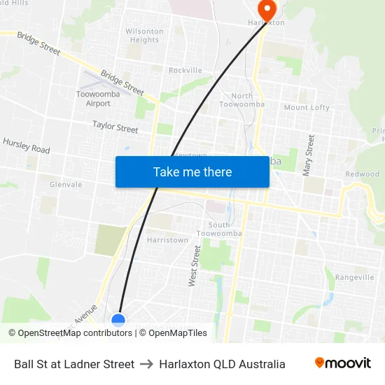 Ball St at Ladner Street to Harlaxton QLD Australia map