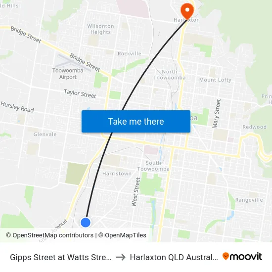 Gipps Street at Watts Street to Harlaxton QLD Australia map
