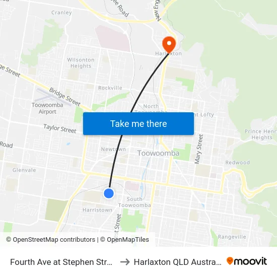 Fourth Ave at Stephen Street to Harlaxton QLD Australia map