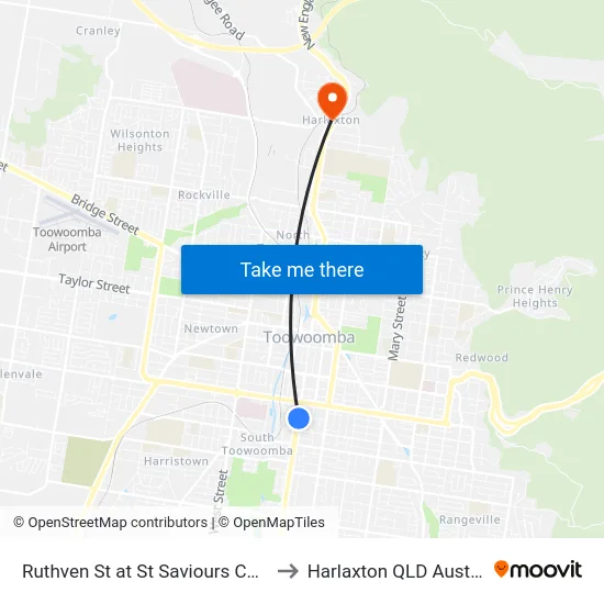 Ruthven St at St Saviours College to Harlaxton QLD Australia map