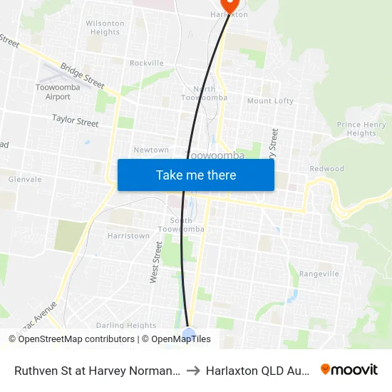 Ruthven St at Harvey Norman Centre to Harlaxton QLD Australia map