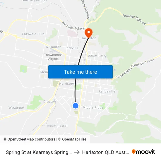 Spring St at Kearneys Spring Park to Harlaxton QLD Australia map