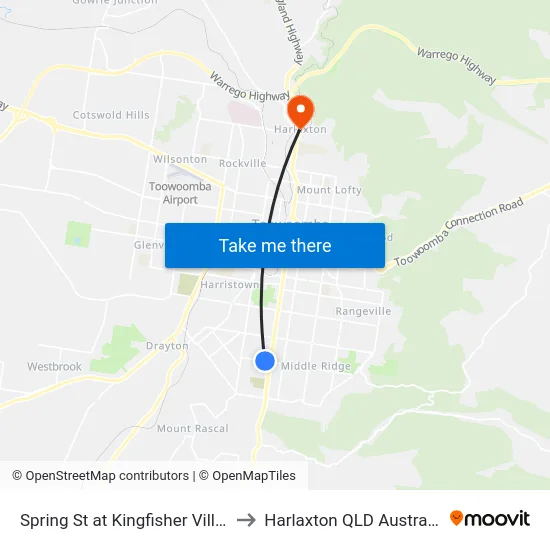 Spring St at Kingfisher Villas to Harlaxton QLD Australia map