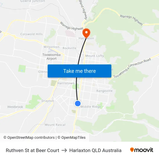 Ruthven St at Beer Court to Harlaxton QLD Australia map