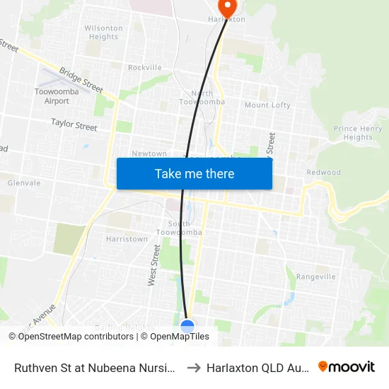 Ruthven St at Nubeena Nursing Home to Harlaxton QLD Australia map