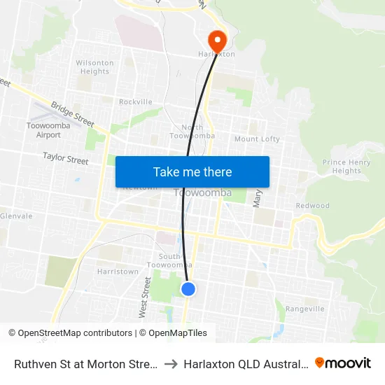 Ruthven St at Morton Street to Harlaxton QLD Australia map