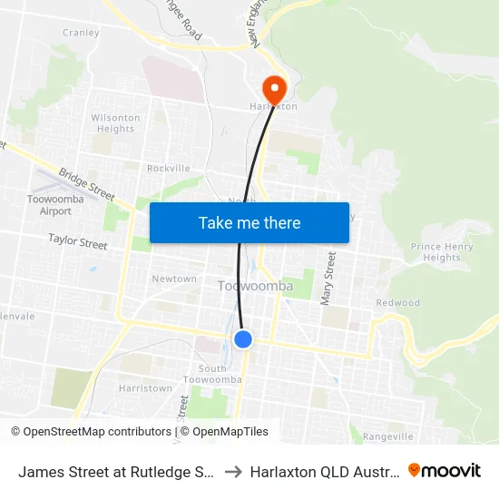 James Street at Rutledge Street to Harlaxton QLD Australia map