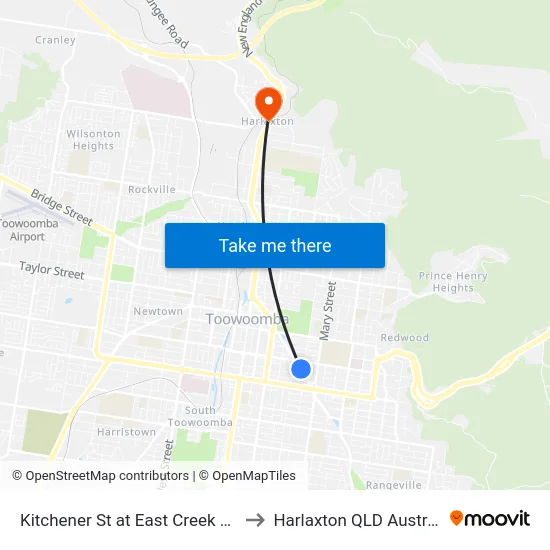 Kitchener St at East Creek Park to Harlaxton QLD Australia map
