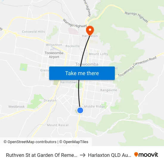 Ruthven St at Garden Of Remembrance to Harlaxton QLD Australia map