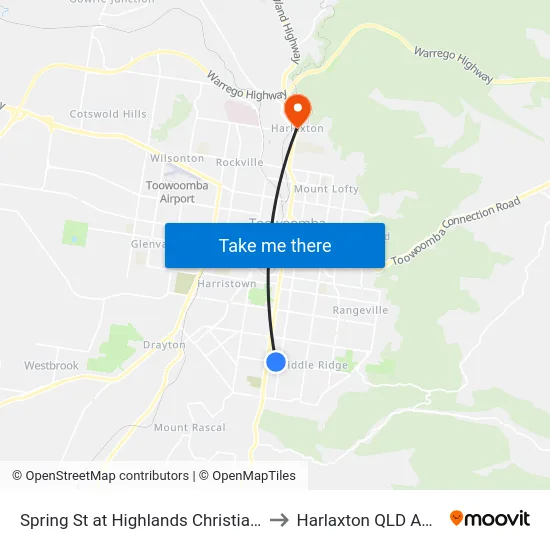 Spring St at Highlands Christian College to Harlaxton QLD Australia map