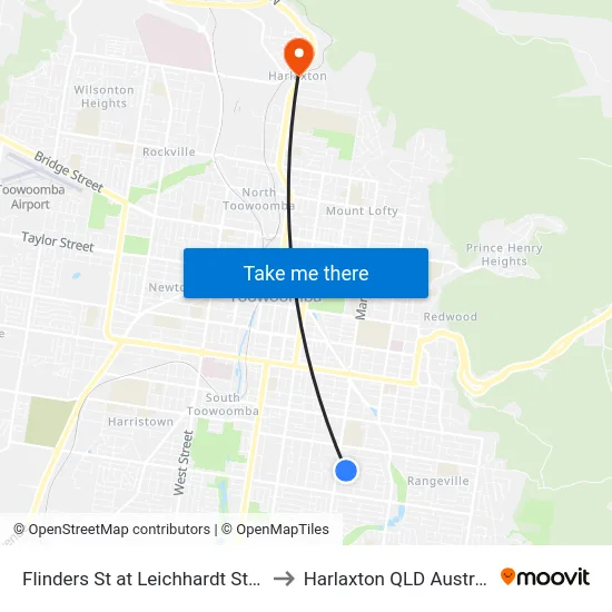 Flinders St at Leichhardt Street to Harlaxton QLD Australia map
