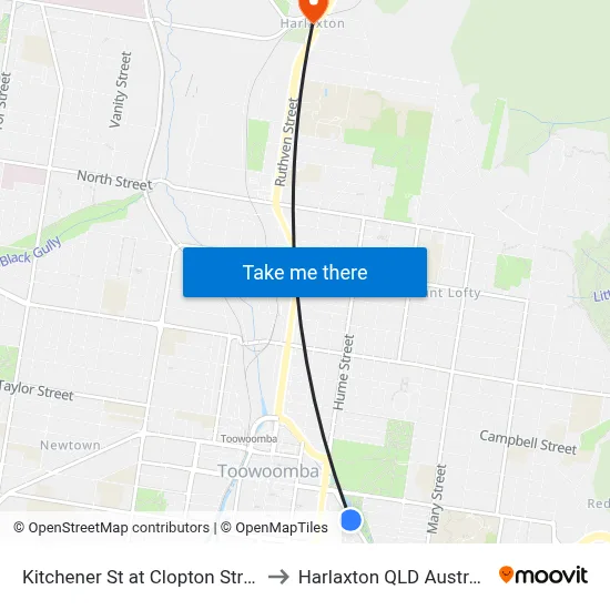 Kitchener St at Clopton Street to Harlaxton QLD Australia map
