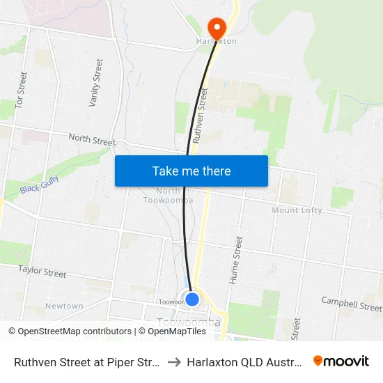 Ruthven Street at Piper Street to Harlaxton QLD Australia map