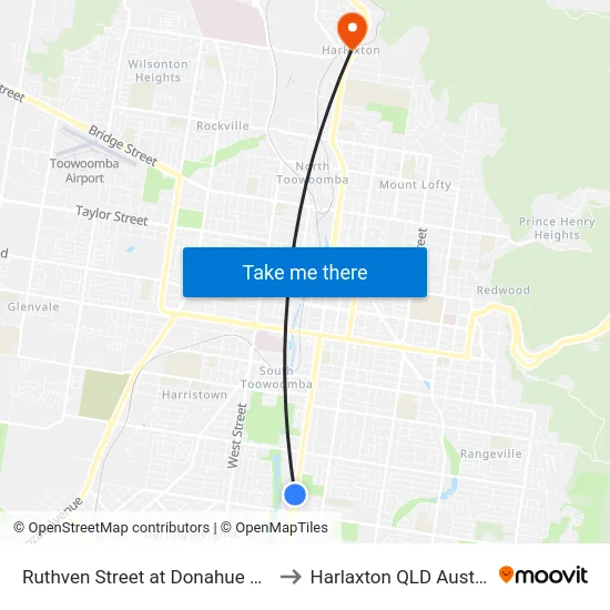 Ruthven Street at Donahue Street to Harlaxton QLD Australia map