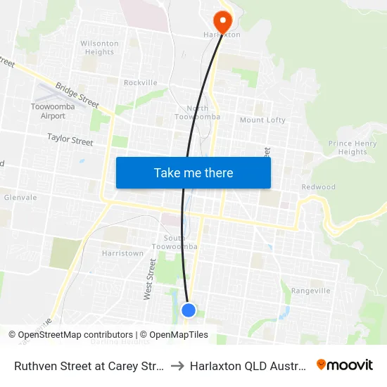 Ruthven Street at Carey Street to Harlaxton QLD Australia map