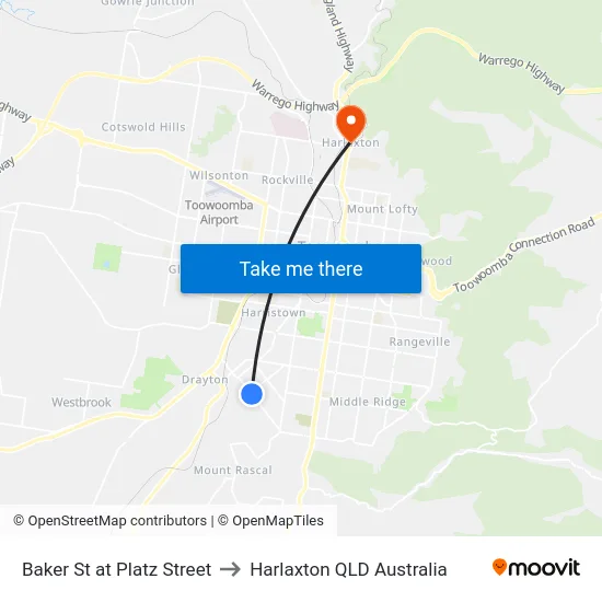 Baker St at Platz Street to Harlaxton QLD Australia map