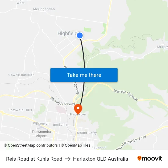 Reis Road at Kuhls Road to Harlaxton QLD Australia map