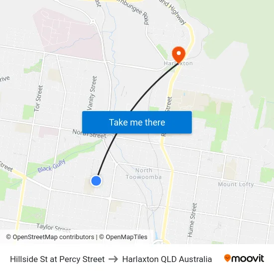 Hillside St at Percy Street to Harlaxton QLD Australia map