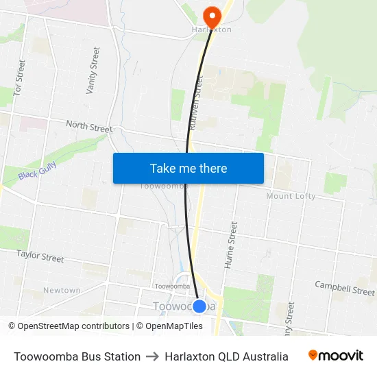 Toowoomba Bus Station to Harlaxton QLD Australia map