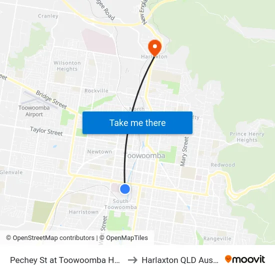 Pechey St at Toowoomba Hospital to Harlaxton QLD Australia map