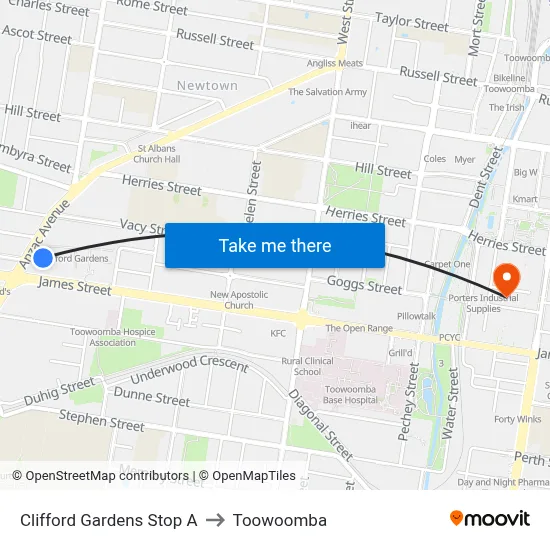 Clifford Gardens Stop A to Toowoomba map