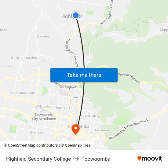 Highfield Secondary College to Toowoomba map
