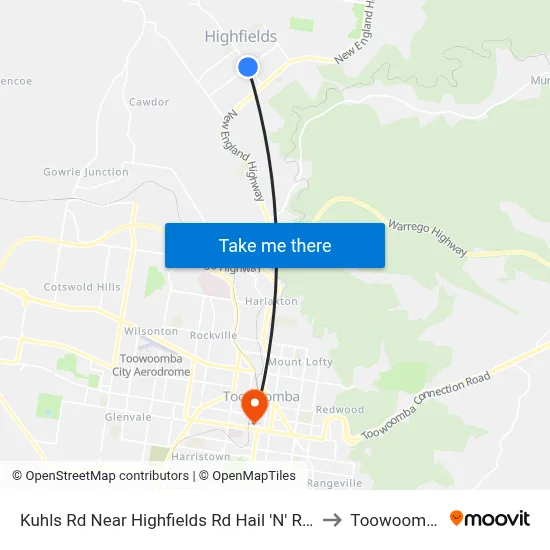 Kuhls Rd Near Highfields Rd Hail 'N' Ride to Toowoomba map