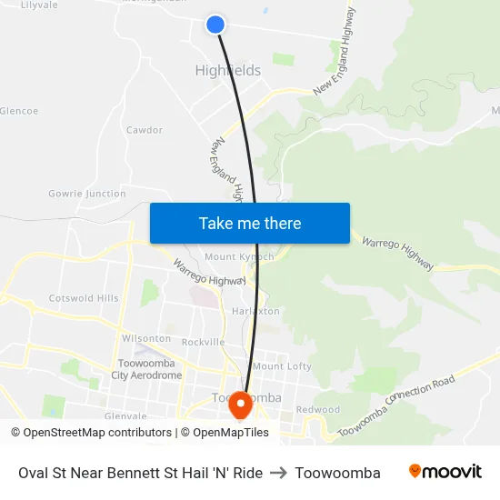 Oval St Near Bennett St Hail 'N' Ride to Toowoomba map