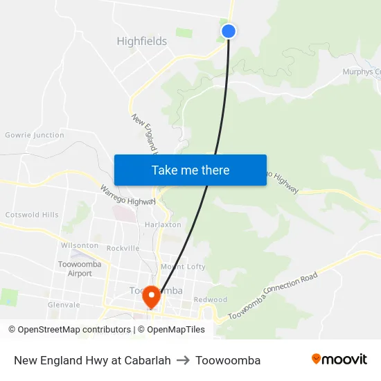 New England Hwy at Cabarlah to Toowoomba map