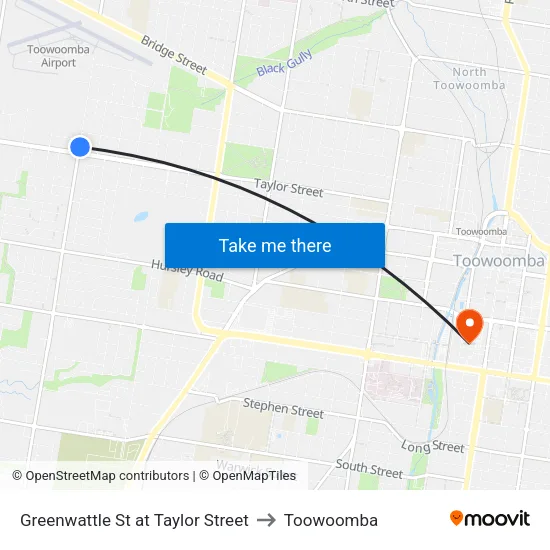 Greenwattle St at Taylor Street to Toowoomba map
