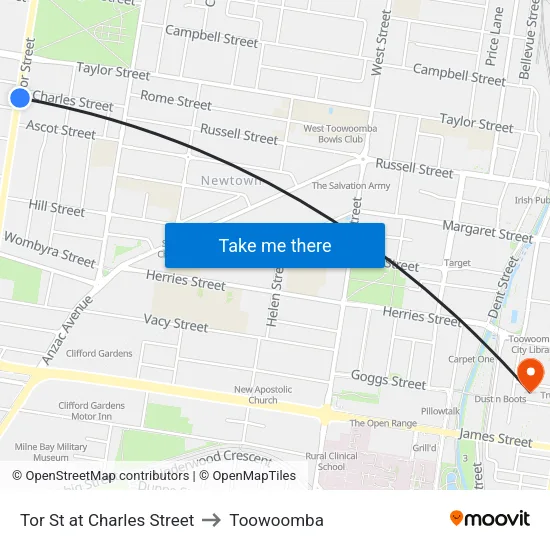 Tor St at Charles Street to Toowoomba map