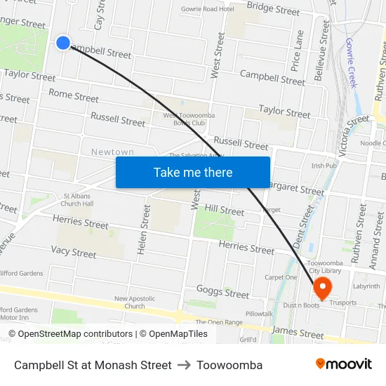 Campbell St at Monash Street to Toowoomba map