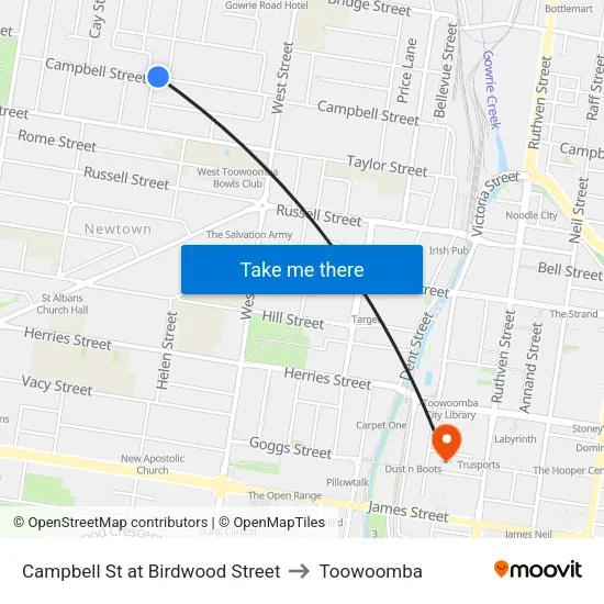 Campbell St at Birdwood Street to Toowoomba map
