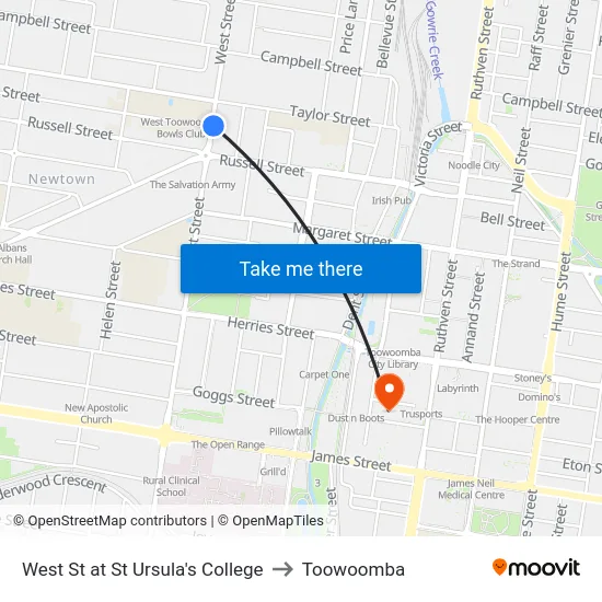 West St at St Ursula's College to Toowoomba map