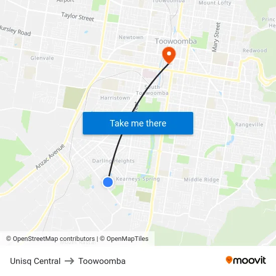Unisq Central to Toowoomba map