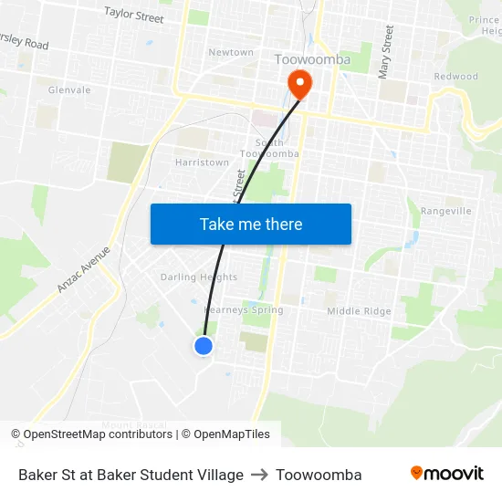 Baker St at Baker Student Village to Toowoomba map